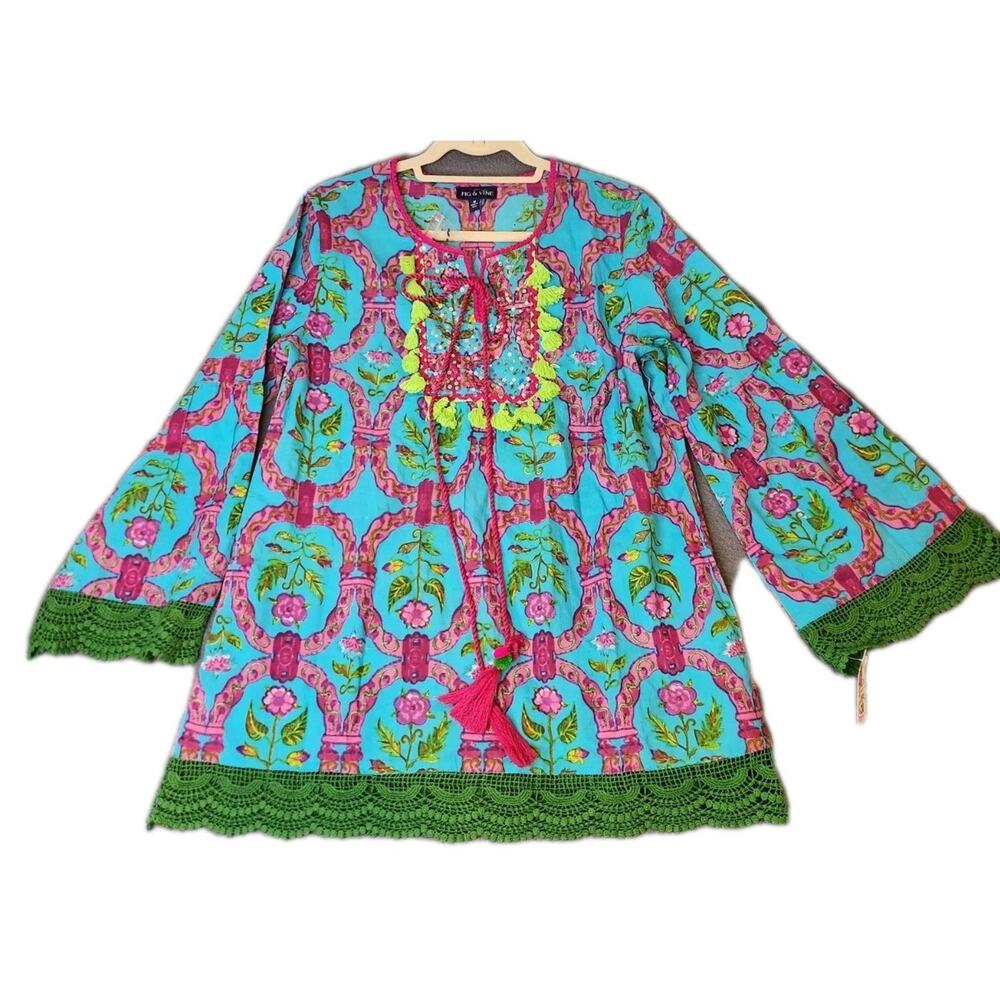 NWOT Fig & Vine Embellished Crochet Trim Tassels Colorful Ikat Cotton Tunic Sz M